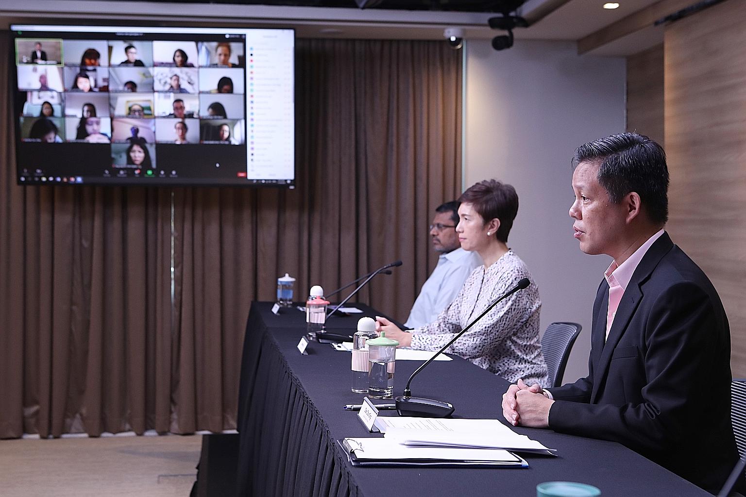 (From right) Trade and Industry Minister Chan Chun Sing, Manpower Minister Josephine Teo and Monetary Authority of Singapore managing director Ravi Menon at yesterday's press conference, where it was announced that Singapore's economy contracted 6.7
