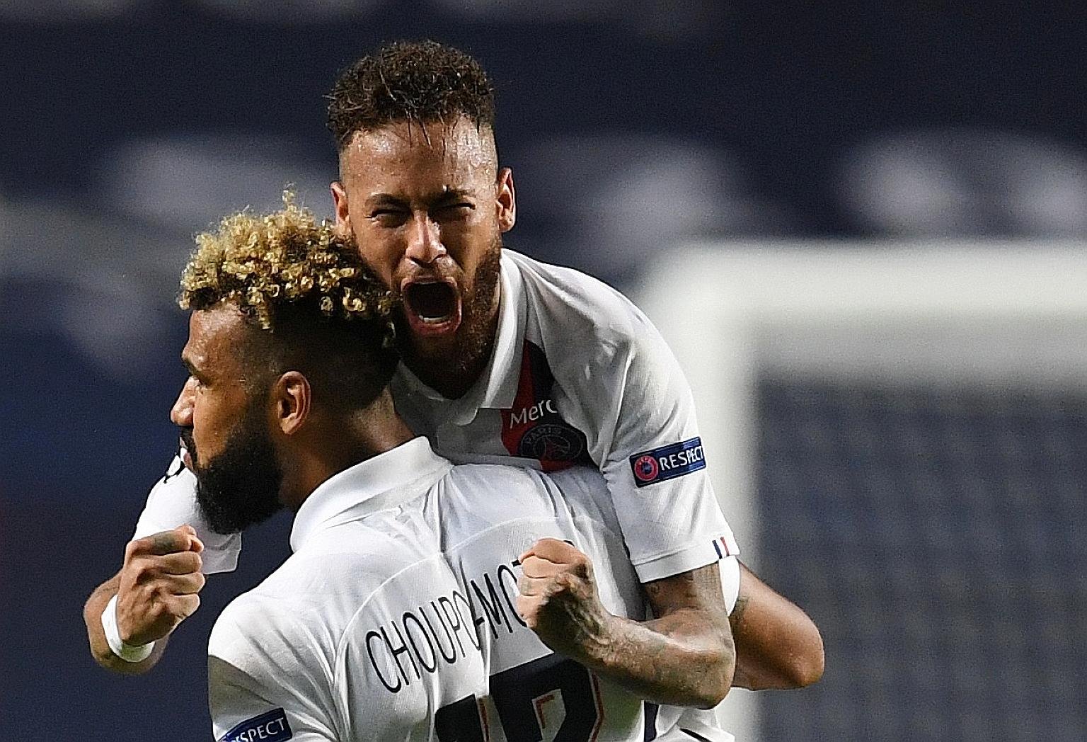 Top: PSG coach Thomas Tuchel, who injured his ankle last week, during their Champions League match against Atalanta. Right: PSG's Cameroon forward Eric Maxim Choupo-Moting celebrating with Neymar after scoring the winning goal to put the French Ligue