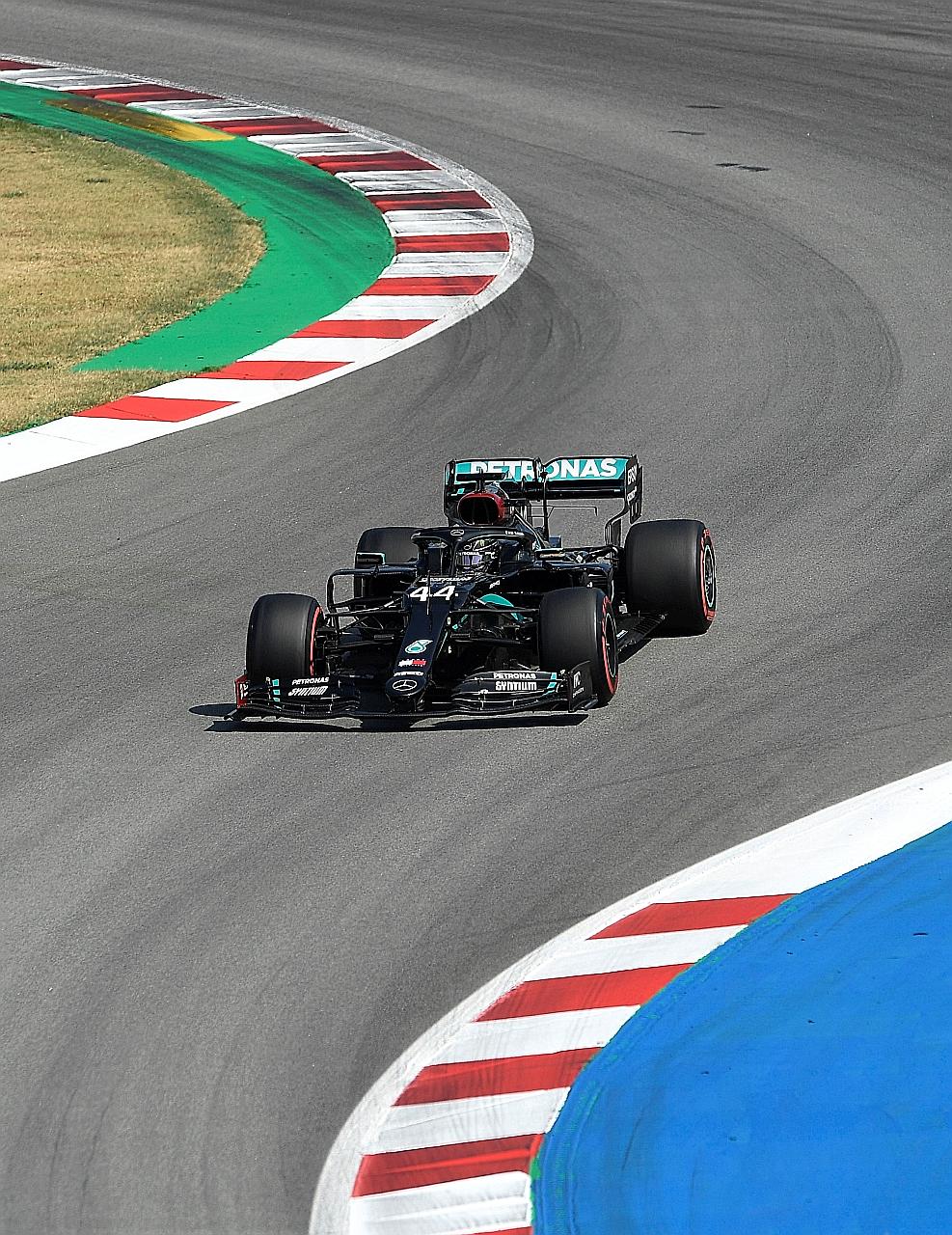 Lewis Hamilton on his way to securing pole position yesterday. The Mercedes driver, who also recorded his 150th front-row start, beat teammate Valtteri Bottas at the Circuit de Catalunya by 0.059sec. It was a record 68th front-row lockout for the Ger
