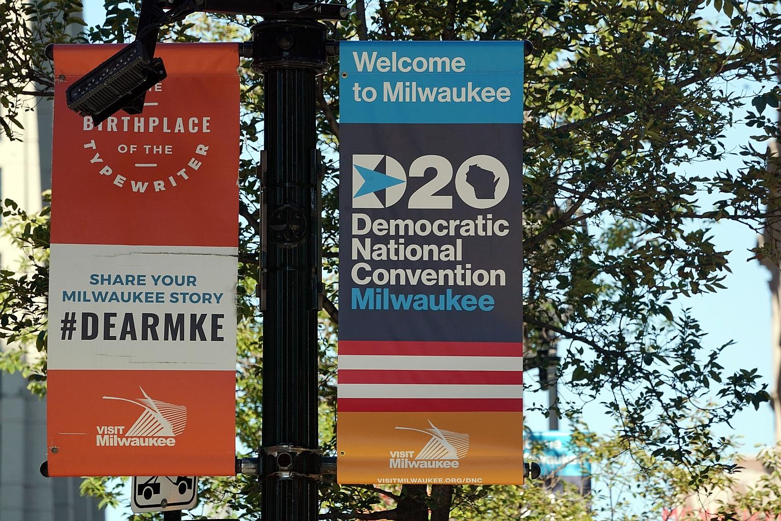 Posters advertising the Democratic National Convention, which will take place from today to Thursday. Democratic nominee Joe Biden and running mate Kamala Harris will appear on screen instead of in person.