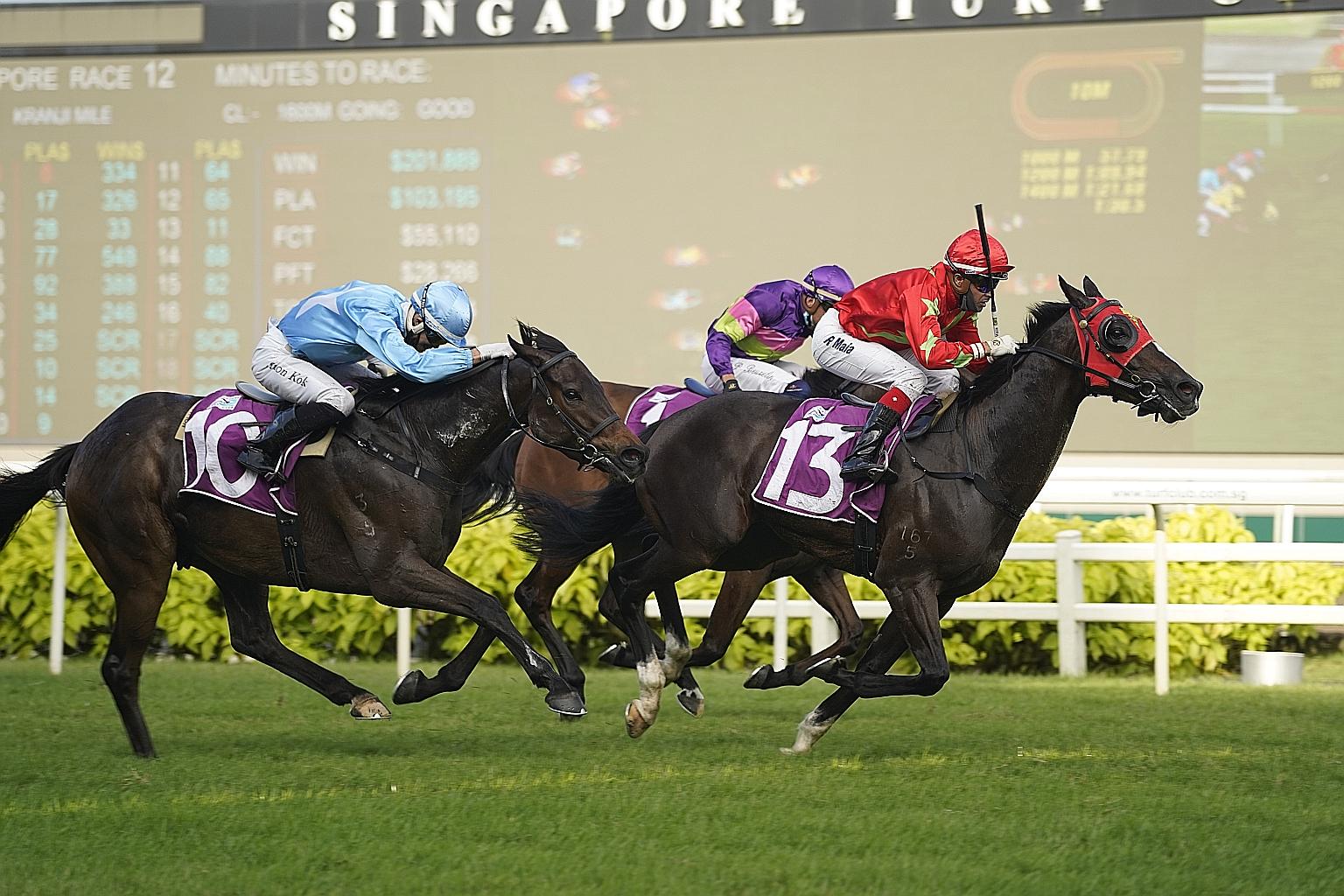 Aramaayo getting the better of Top Knight (No. 10) and favourite Countofmontecristo during the Kranji Mile yesterday.