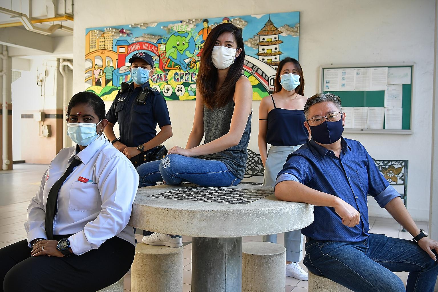 (From left) Senior security officer Mariama Ratnasamy, Senior Staff Sergeant Imran Moosa, Ms Scarlett Chong, Ms Carmen Chng and Mr David Tan were among those who readily offered comfort and goodwill during an incident at a mall last week. ST PHOTO: N