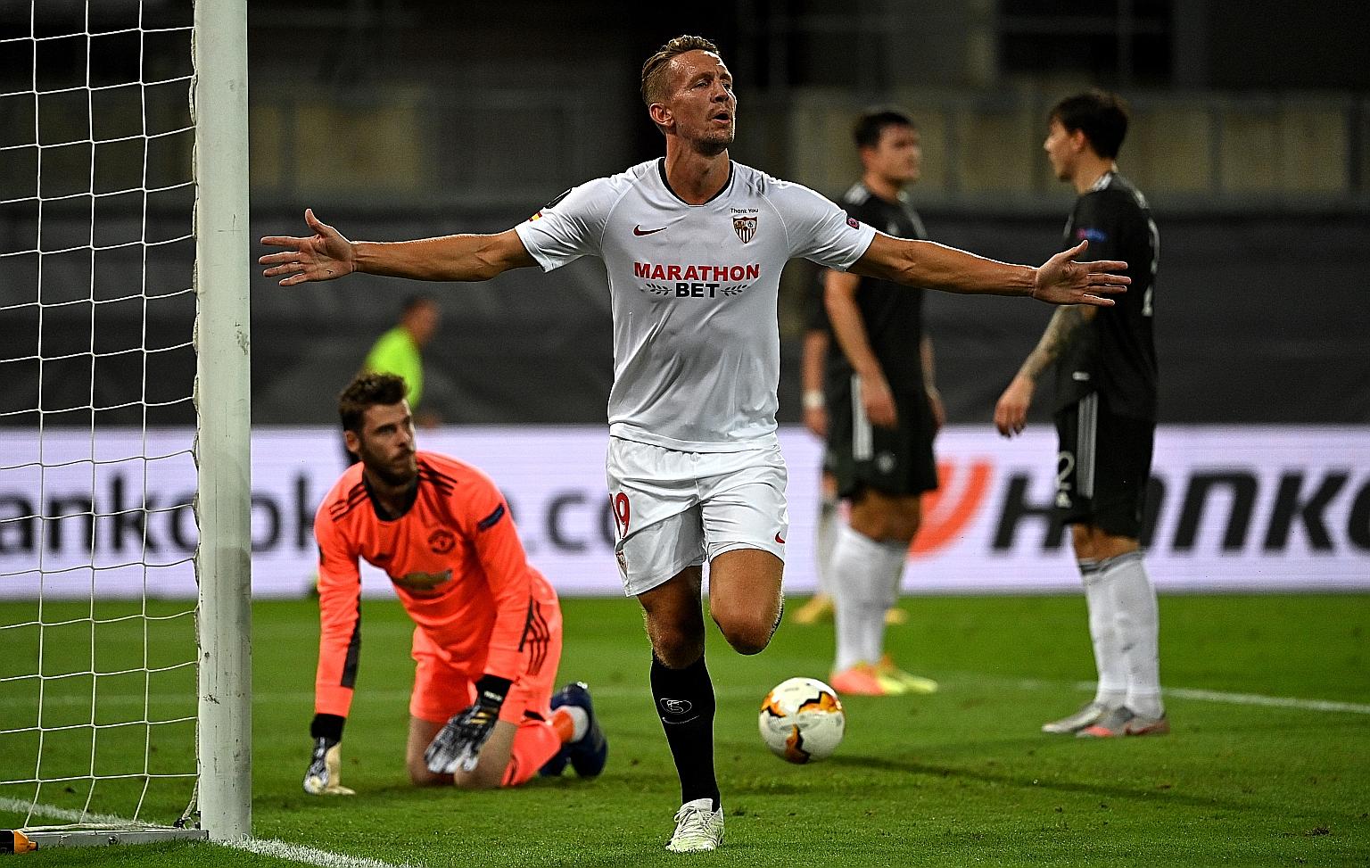 Sevilla forward Luuk de Jong celebrating his winner against Manchester United in Cologne, Germany. His goal helped the La Liga club reach their sixth Europa League final in 15 years. PHOTO: EPA-EFE