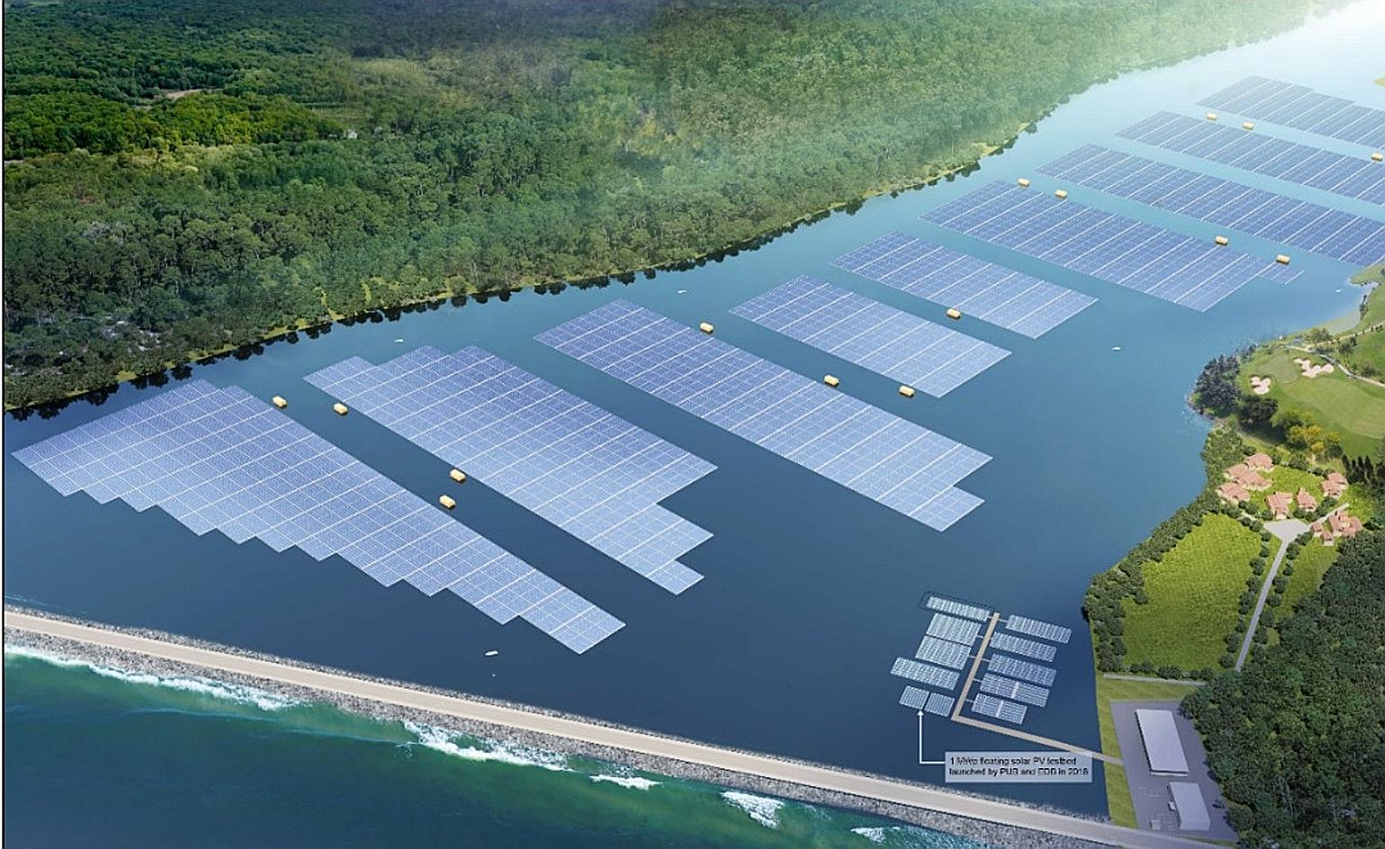 An artist's impression of the upcoming floating solar farm at Tengeh Reservoir. The farm is expected to offset about 32 kilotonnes of carbon emissions each year, equivalent to taking some 7,000 cars off the road. PHOTO: PUB/SEMBCORP