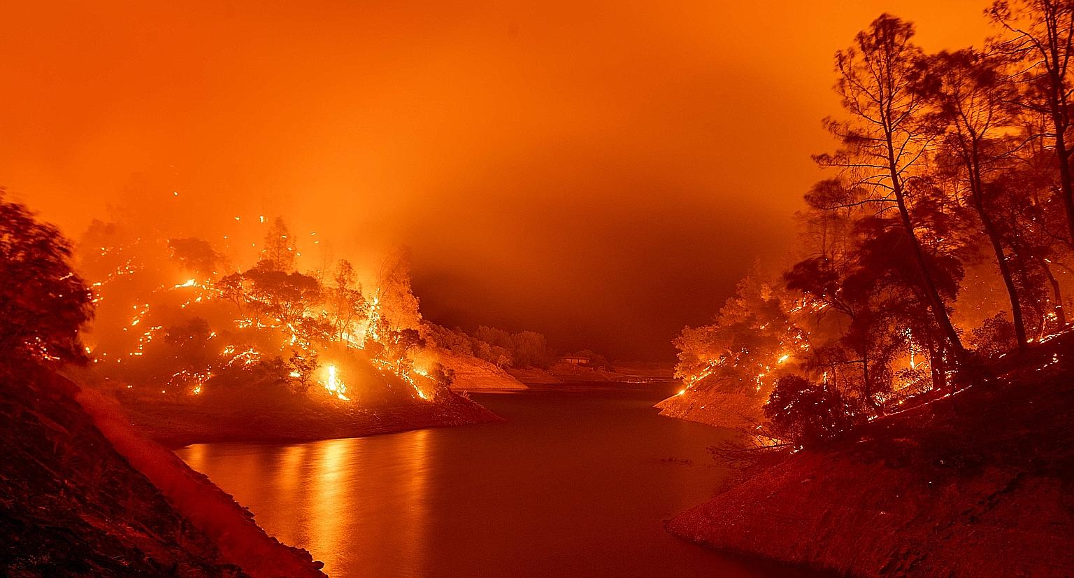 Raging flames consuming both sides of a segment of Lake Berryessa during the Hennessey fire in the Spanish Flat area of Napa, California on Tuesday. Dozens of fires are burning out of control across California as fire-fighting resources are spread th