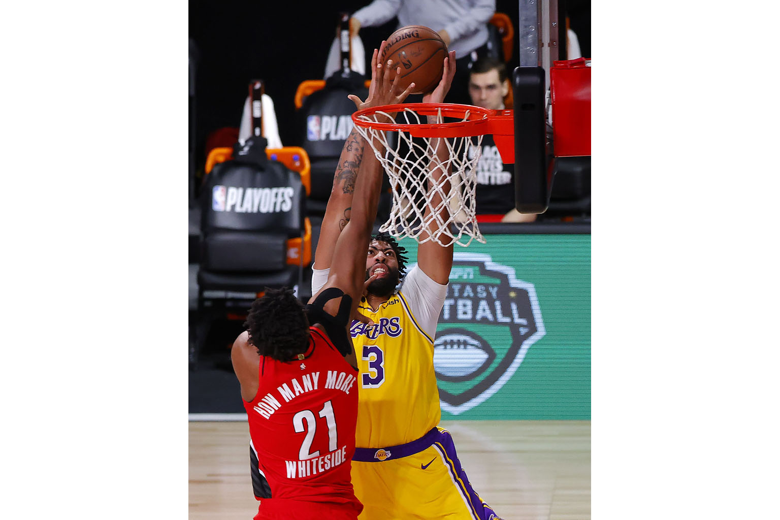Anthony Davis seeing his shot blocked by Hassan Whiteside of Orlando in Game 2 of their NBA first-round play-off clash. But the LA Lakers forward still managed to score 30 points in the 111-88 win to level the best-of-seven series at 1-1.