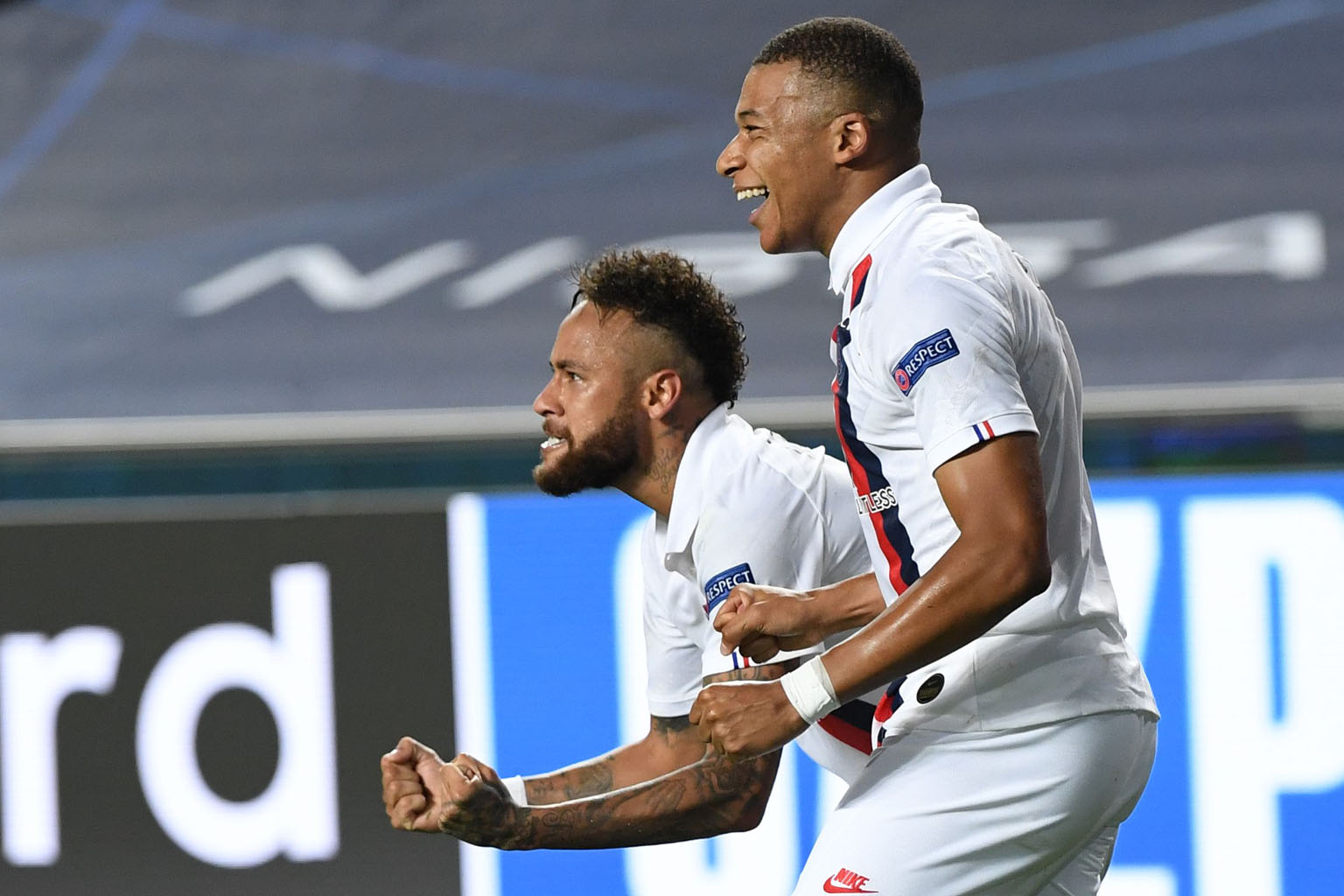 Neymar (left) and Kylian Mbappe have struck up a good relationship at Paris Saint-Germain, who are hoping to derail Bayern Munich's treble bid in tomorrow's Champions League final. PHOTO: AGENCE FRANCE-PRESSE