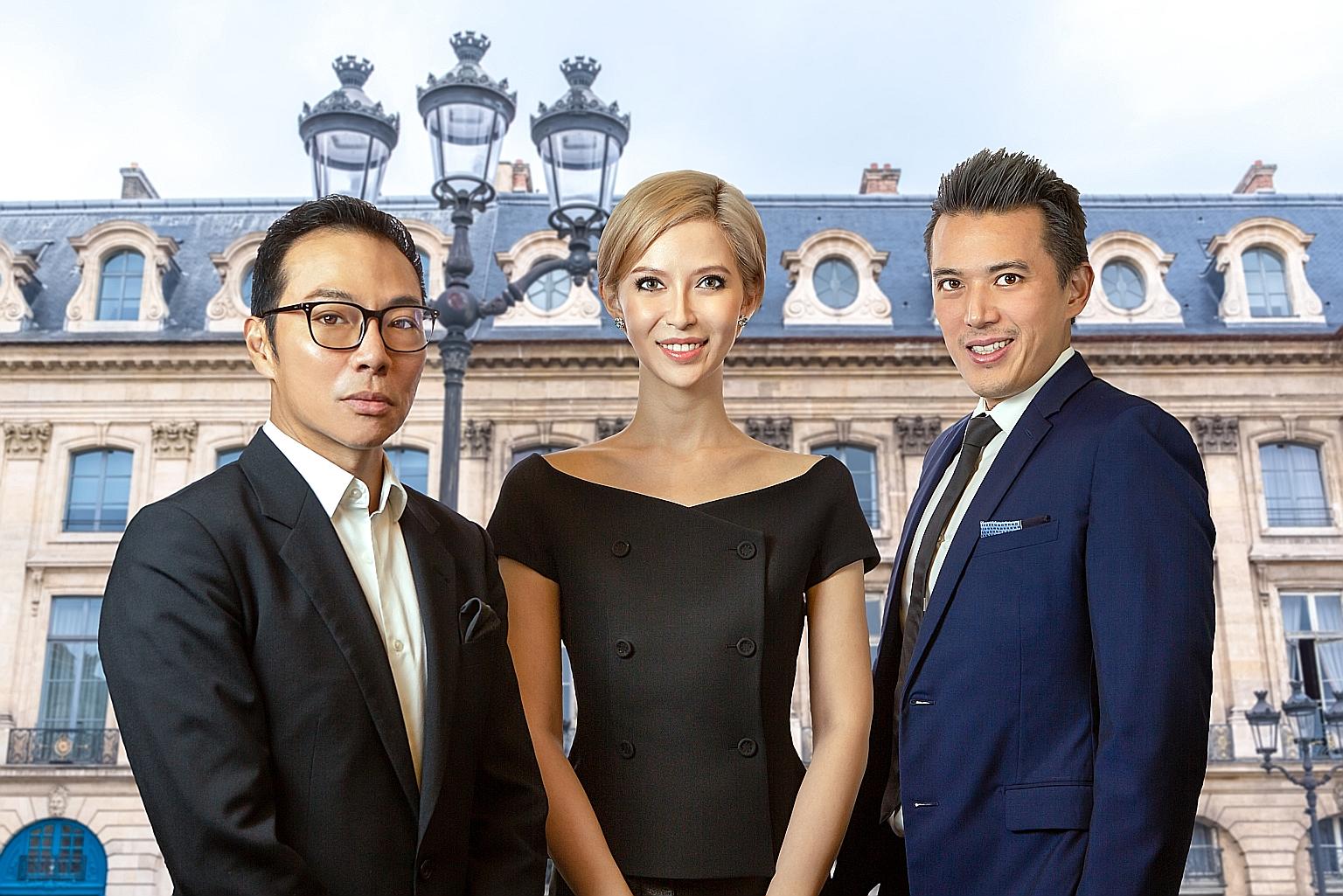 Above: Ms Evangeline Shen is Axington's non-independent non-executive chairman, while cousins Terence Loh (left) and Nelson Loh are controlling shareholders. Right top: Axington Singapore is said to have rented a small space in the same unit as an un