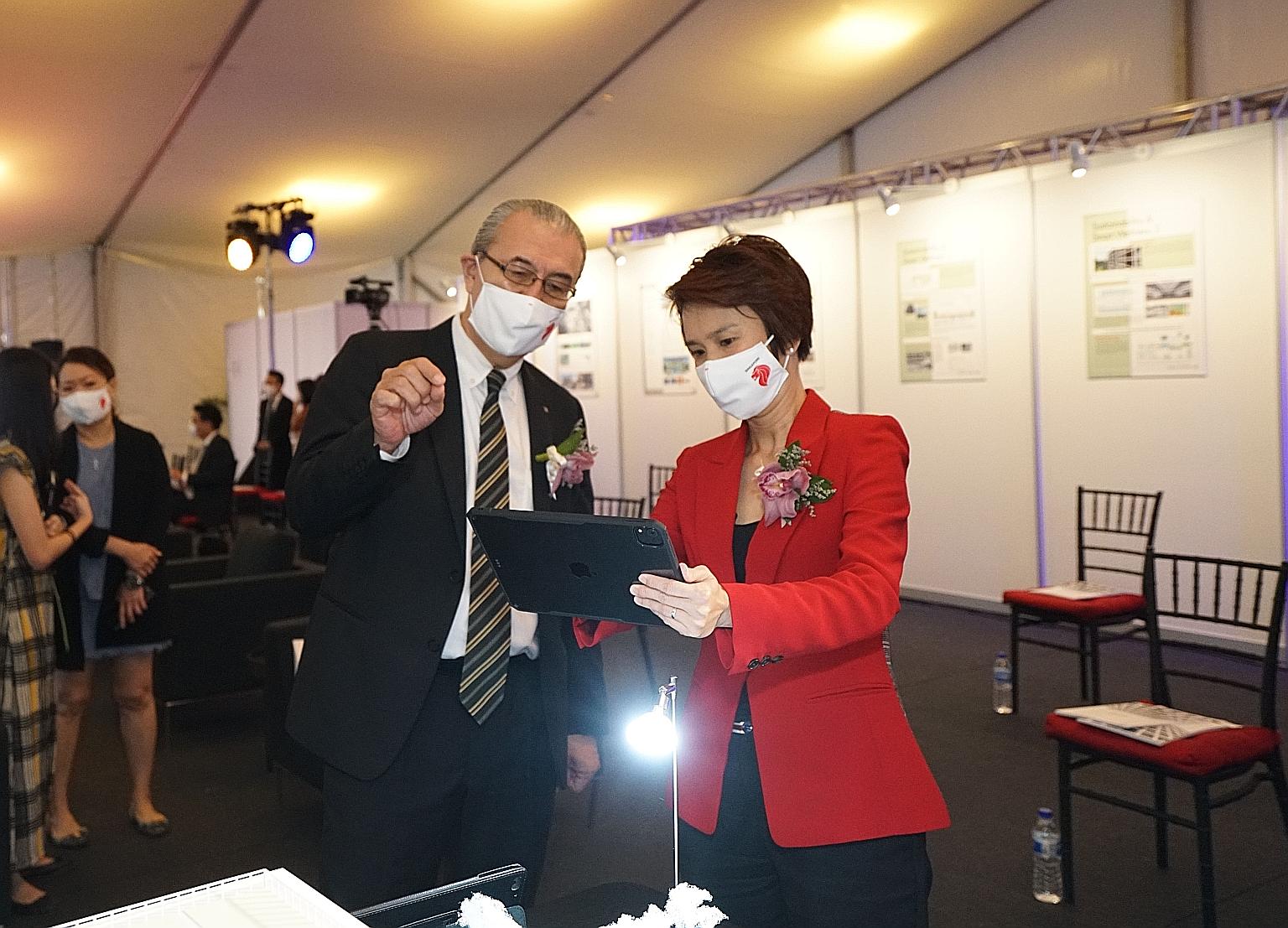 Kajima Development CEO and managing director Shuichi Oishi and Minister of State for Trade and Industry Low Yen Ling at the ground-breaking ceremony yesterday. The 3,088 sq m facility will contribute new technologies and research and development capa