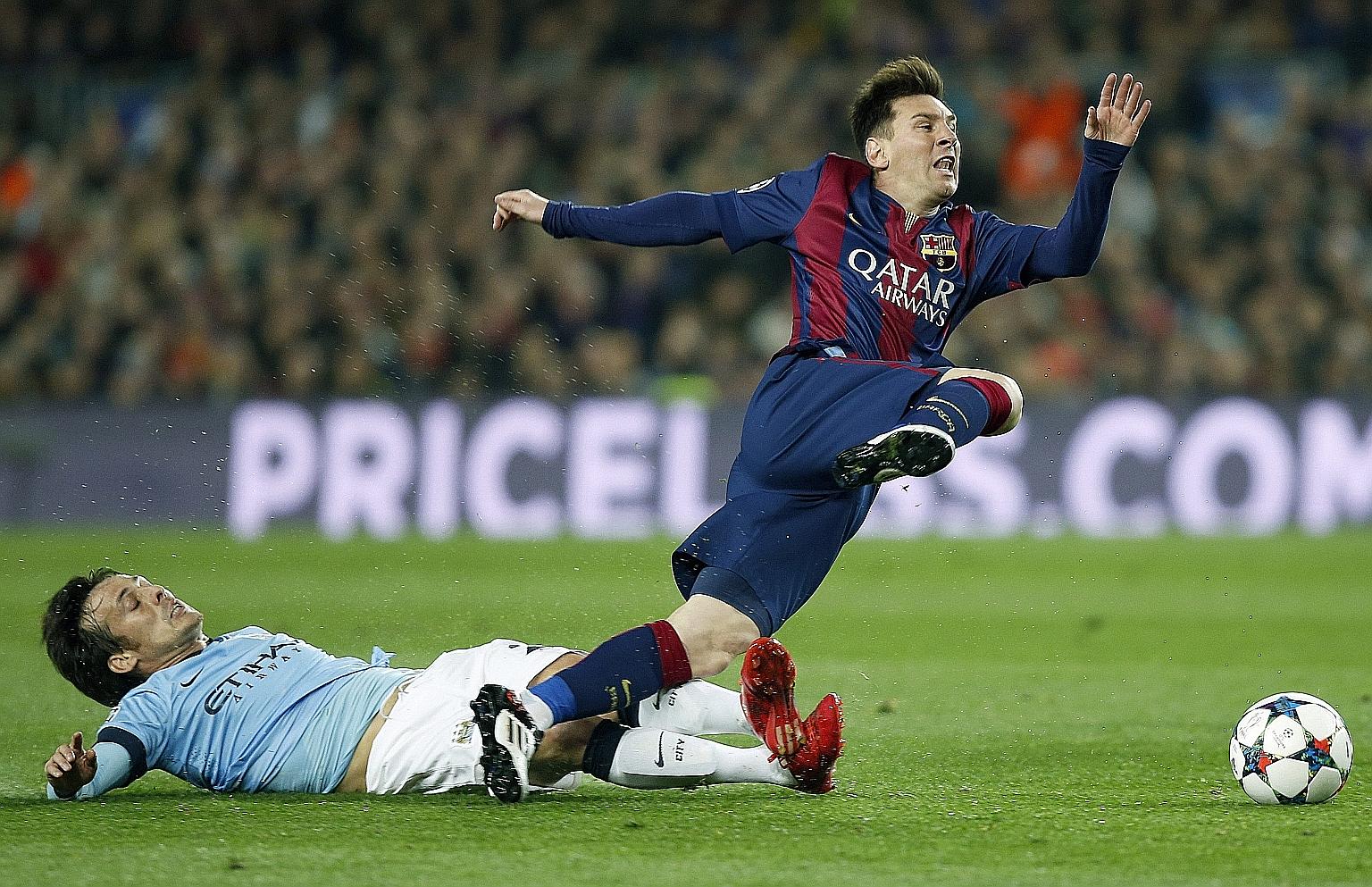 Lionel Messi goes flying after a tackle by Manchester City's David Silva during a 2015 Champions League match. Only a handful of clubs, including City, have the clout to sign the Barca icon.