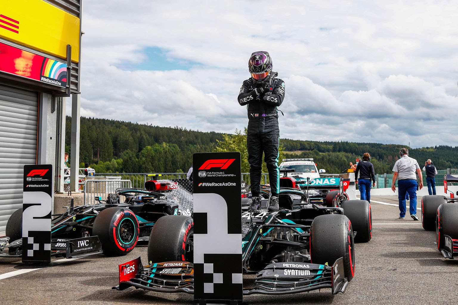 Lewis Hamilton doing the "Wakanda salute" in a tribute to the late Hollywood actor Chadwick Boseman, star of Marvel blockbuster Black Panther, after securing pole position.