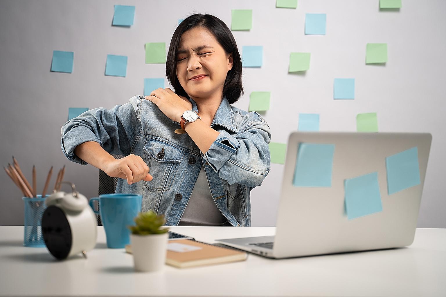 For those who do not have the motivation to exercise regularly, long hours spent working in confined spaces like the home can lead to stiff necks and shoulders, and backaches.