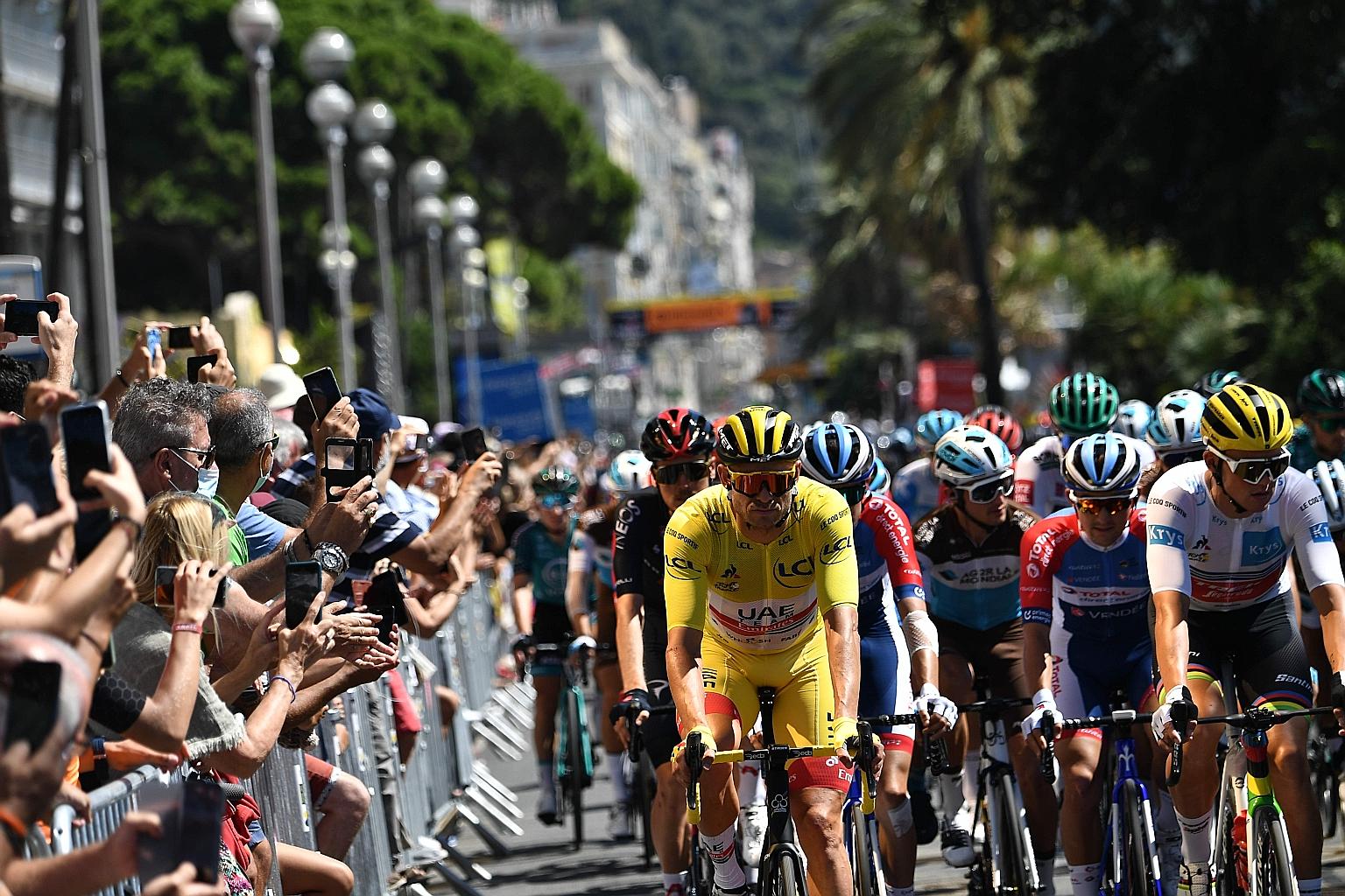 Alexander Kristoff wearing the overall leader's yellow jersey during the start of the second stage yesterday. Kristoff won the opening stage, which started and ended on Nice's Promenade des Anglais. PHOTO: AGENCE FRANCE-PRESSE