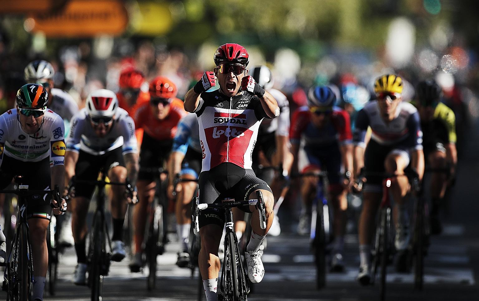 Lotto-Soudal rider Caleb Ewan of Australia winning the third stage yesterday to claim his fourth stage victory overall. PHOTO: REUTERS
