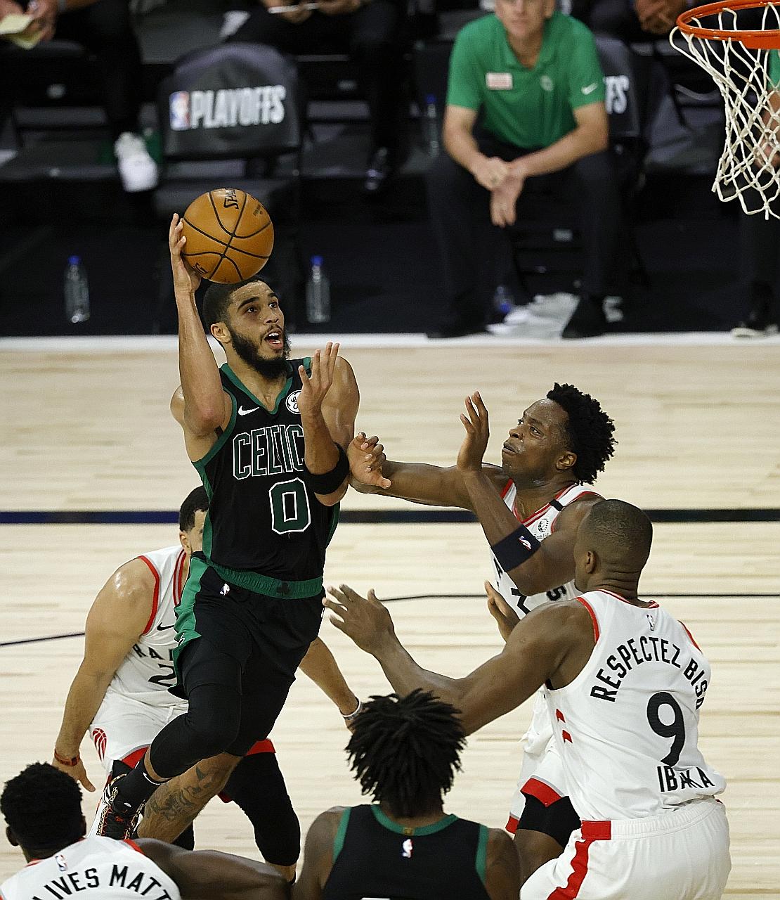 Celtics forward Jayson Tatum going to the basket against the Toronto Raptors during their Eastern Conference semi-finals. He finished with a game-high 34 points.
