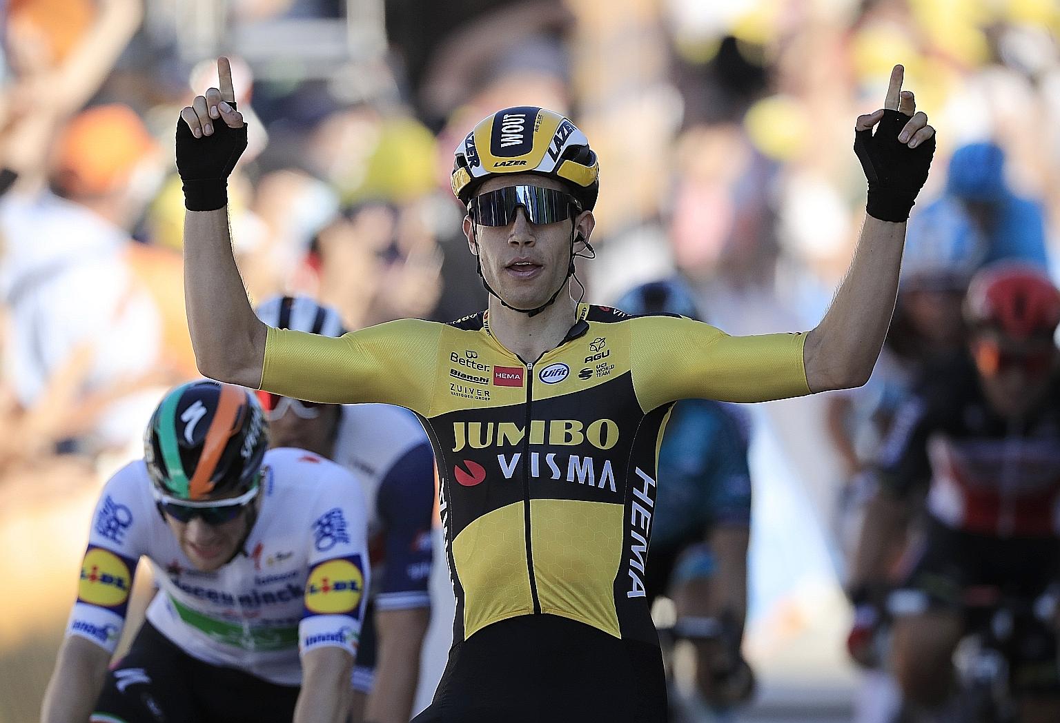 Team Jumbo-Visma rider Wout van Aert of Belgium celebrating his fifth-stage win at the Tour de France yesterday.