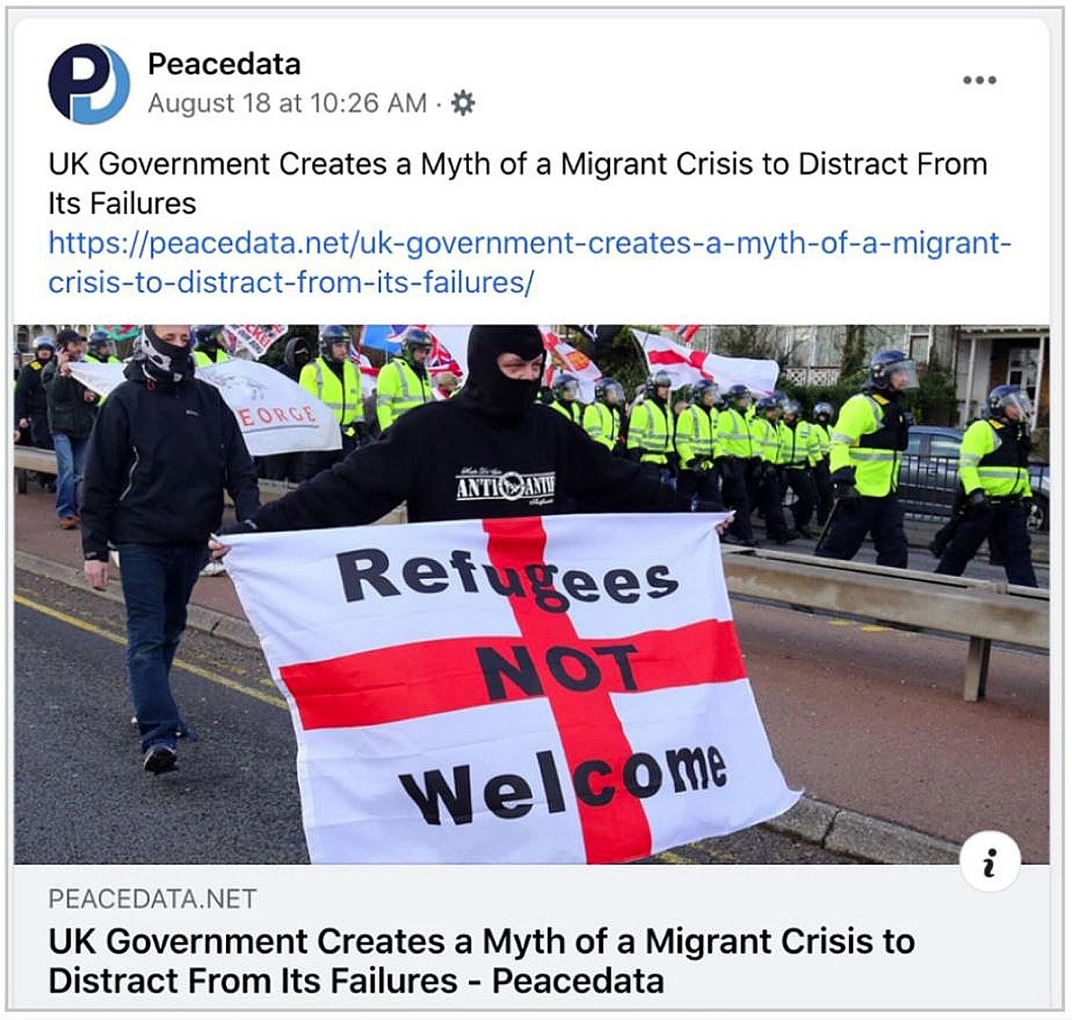 An example of a Facebook post by the fake news site Peace Data, in this screenshot from the New York Times website. The Russian group Internet Research Agency hired Americans to write for the site. PHOTO: NYTIMES
