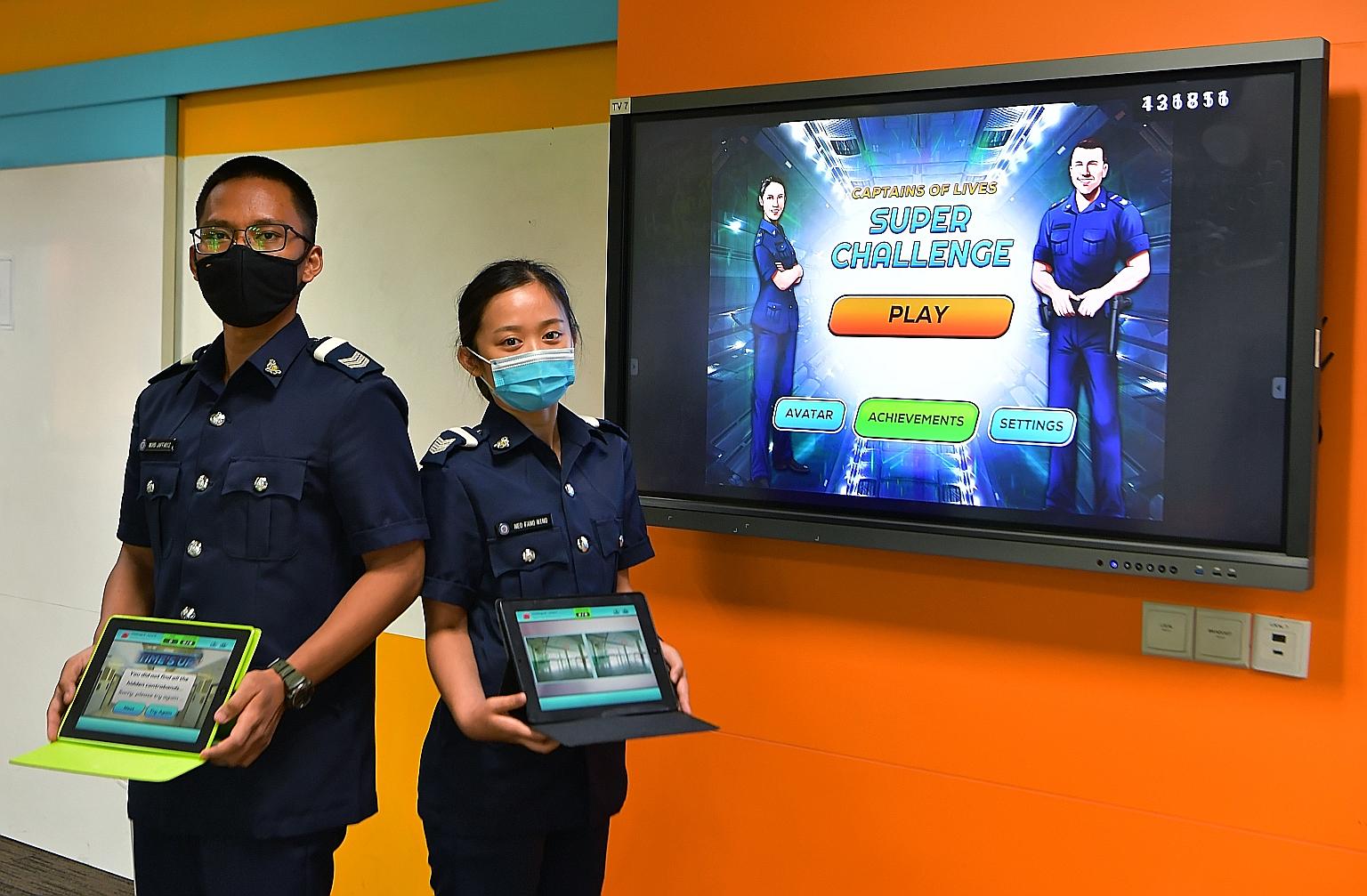 Sergeants Muhammad Jaffariz Siddiq Ahmad Azeri and Neo Fang Ning are among the first group of trainees in the prison officer course to use the gaming-style Mobile Interactive Training Application. The app - which trainees can access on their Singapor