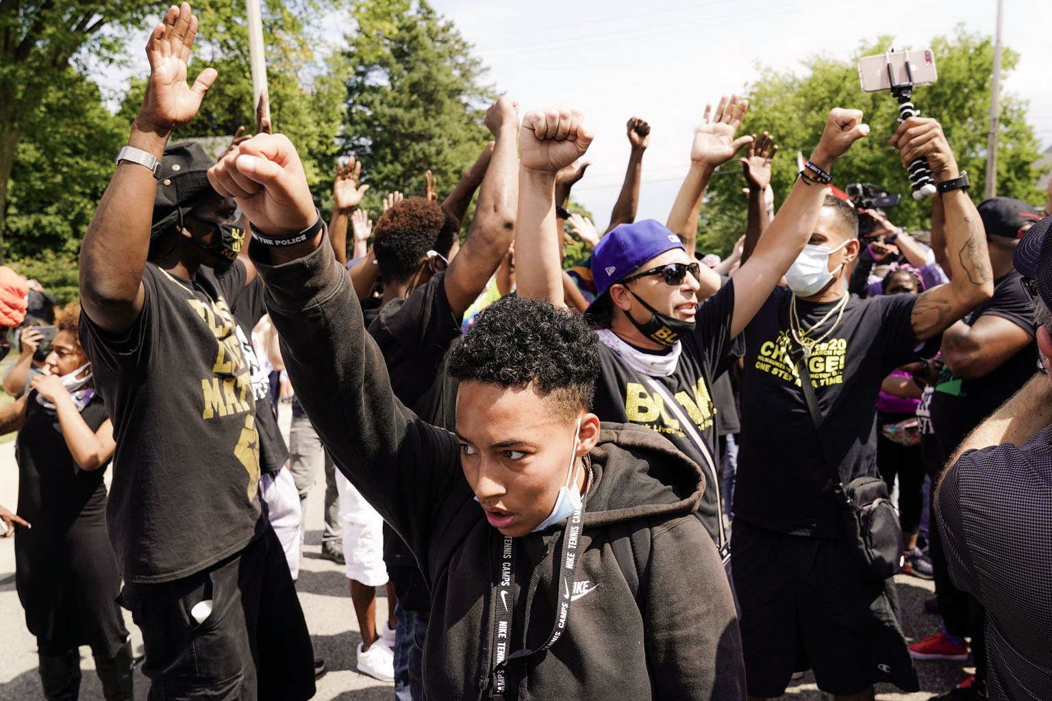 Protesters outside a church where Democratic candidate Joe Biden met community and religious leaders in Kenosha, Wisconsin, on Thursday. 