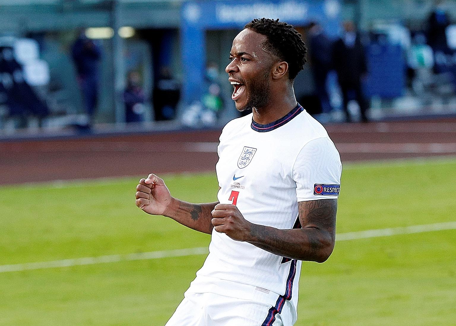 Raheem Sterling celebrating the conversion of a late penalty to spare England the blushes in the 1-0 Nations League victory over Iceland in Reykjavik on Saturday. PHOTO: REUTERS