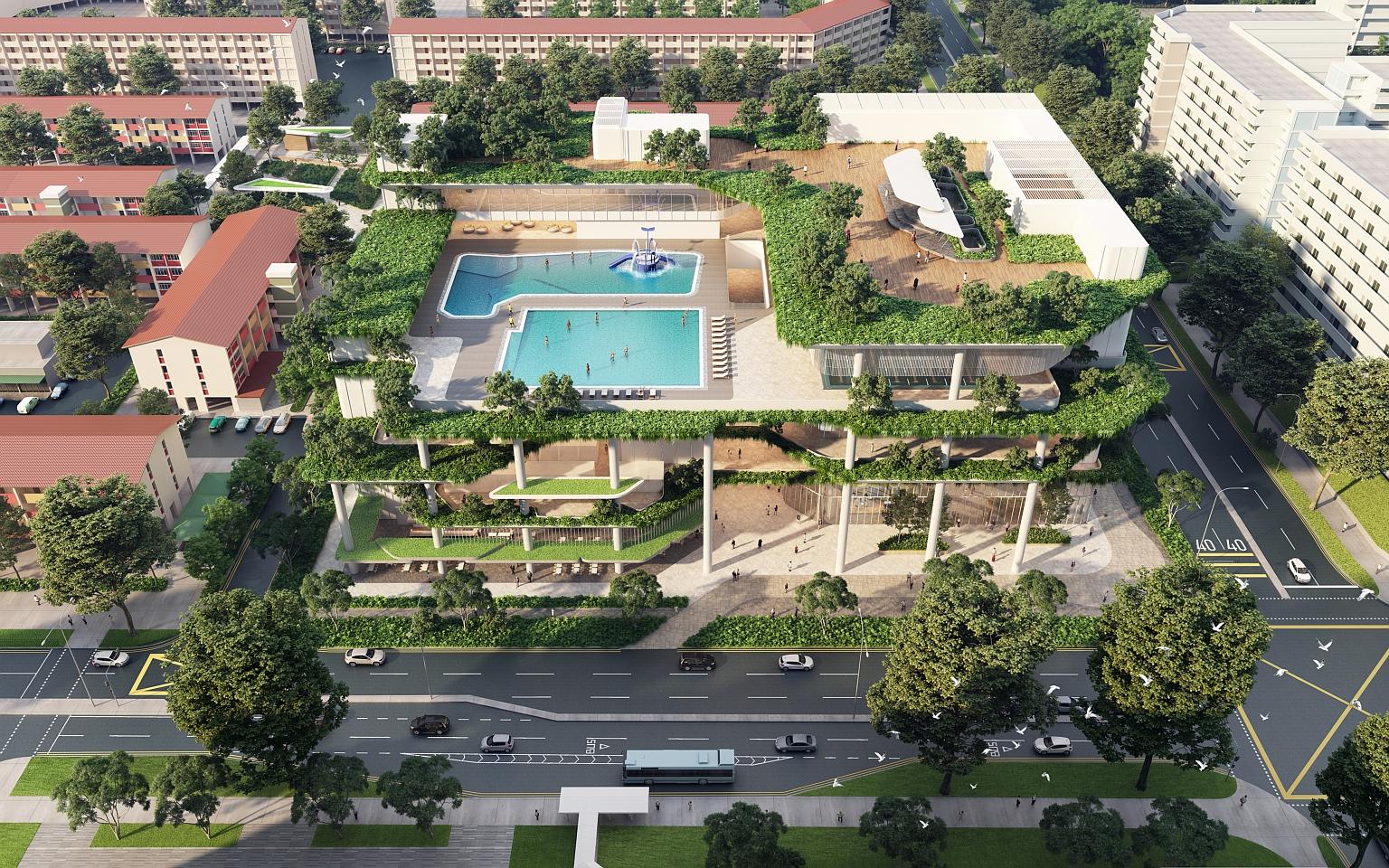 An artist's impression of Chill @ Chong Pang, which will include swimming pools, a gym, an upgraded hawker centre and a community club. PHOTO: SINGAPORE LAND AUTHORITY