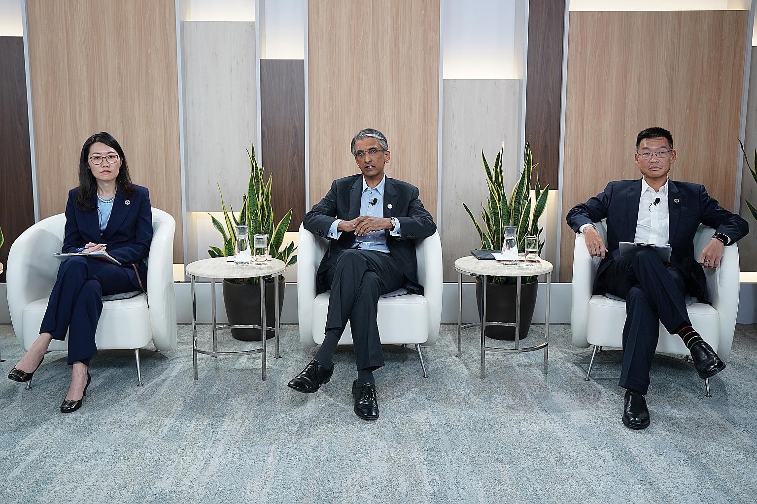 (From far left) Deputy chief financial officer and head of financial services Png Chin Yee, Temasek International chief executive Dilhan Pillay and senior managing director of the enterprise development group and deputy head of Singapore projects Yeo
