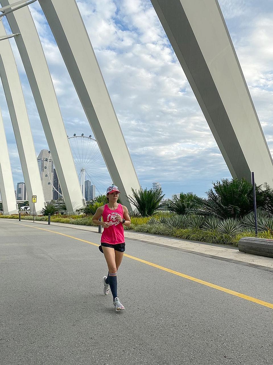 Ultramarathoner Wong Lay Hoon taking part in her first virtual run, Majulah Run 55. She plans to take part in the Oct 12-Nov 15 Craze Ultra, a 160km virtual challenge.
