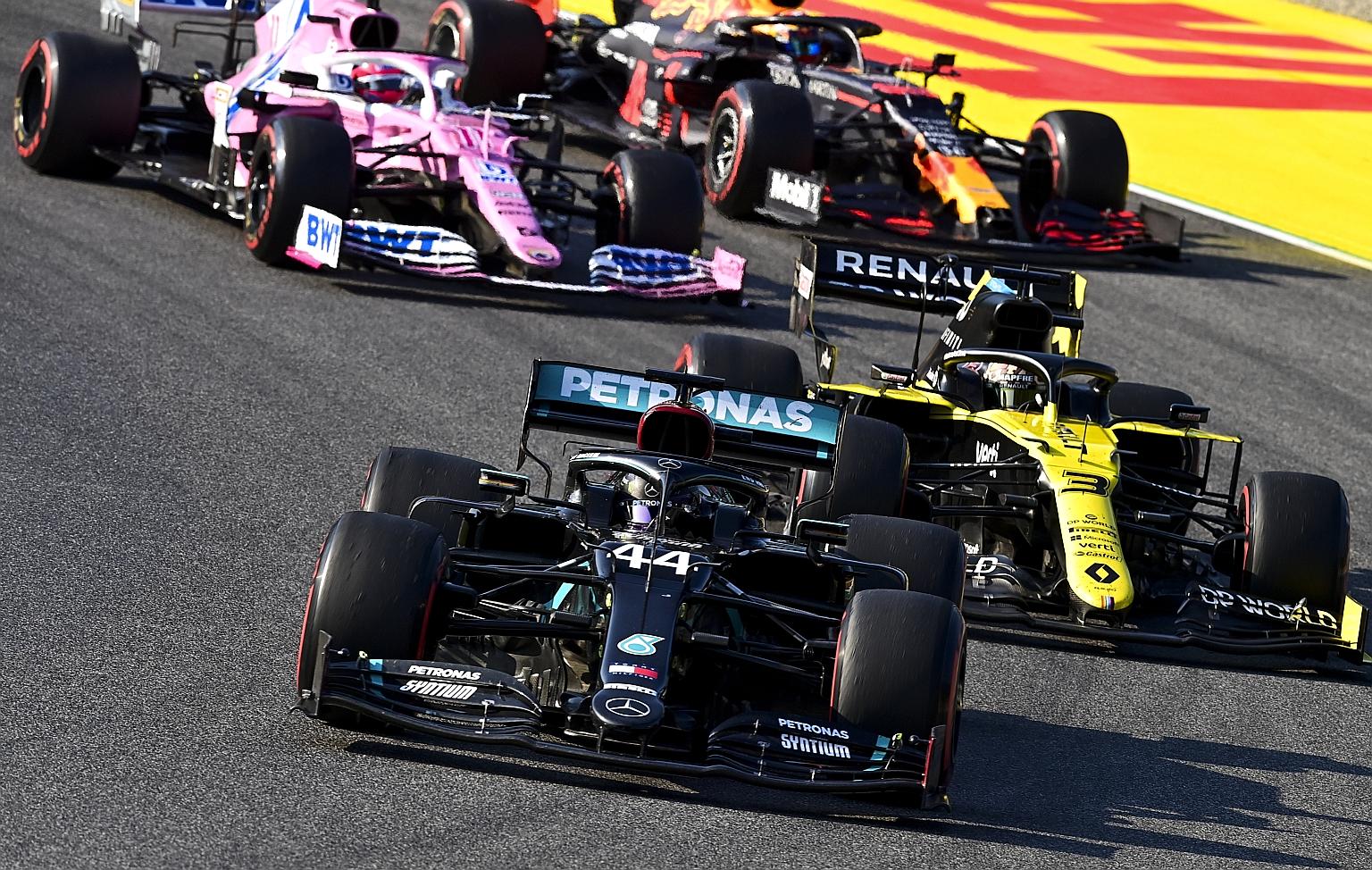 Lewis Hamilton leading the pack at the Tuscan Grand Prix. The Mercedes driver overcame a stop-start race, amid two red flags, for a sixth win this year as he extended his lead in the drivers' standings to 55 points. PHOTO: EPA-EFE