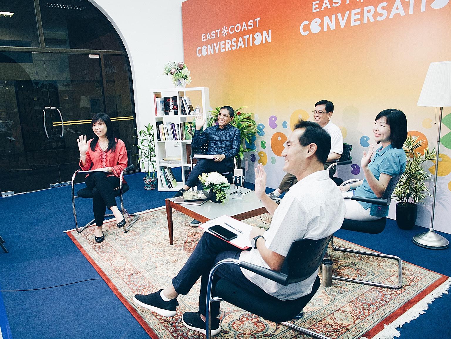 (Clockwise from left) MPs for East Coast GRC - Ms Jessica Tan, Minister in the Prime Minister's Office Maliki Osman, Deputy Prime Minister Heng Swee Keat, Ms Cheryl Chan and Minister of State Tan Kiat How - at Siglap Community Club for the launch of