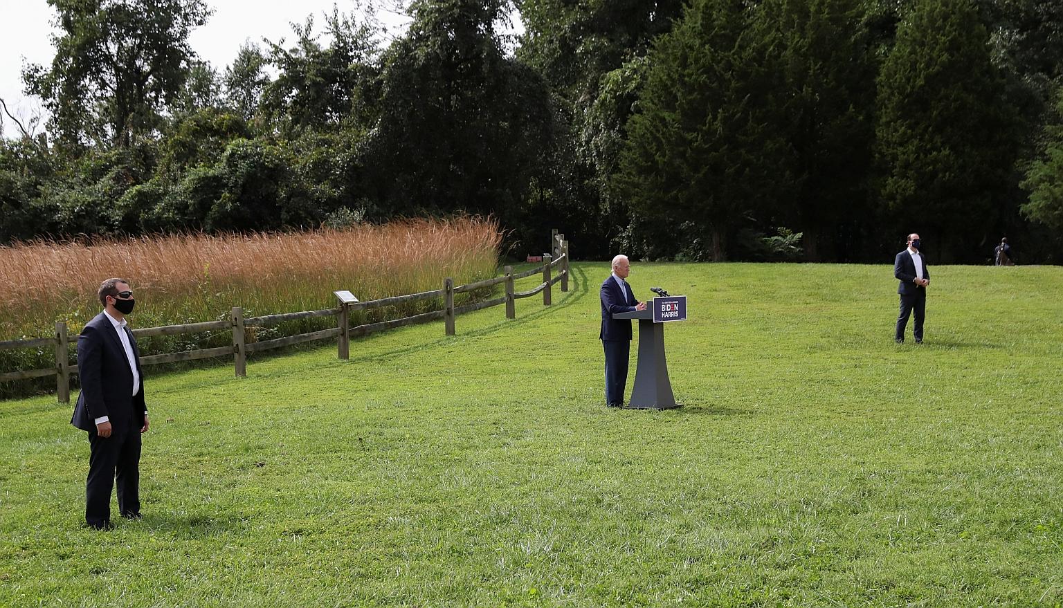 United States Democratic presidential nominee Joe Biden speaking about climate change during a campaign event held outside the Delaware Museum of Natural History, in his home state of Delaware, on Monday.