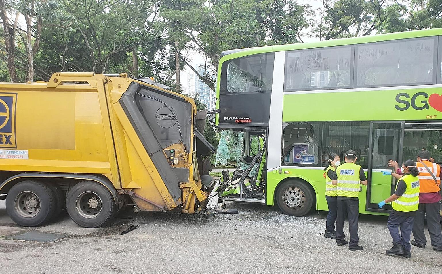 Five people were taken to hospital after an SMRT service 169 bus and a garbage truck were involved in an accident in Ang Mo Kio yesterday. The 39-year-old male bus driver and four bus passengers aged between 25 and 64 were all conscious when taken to