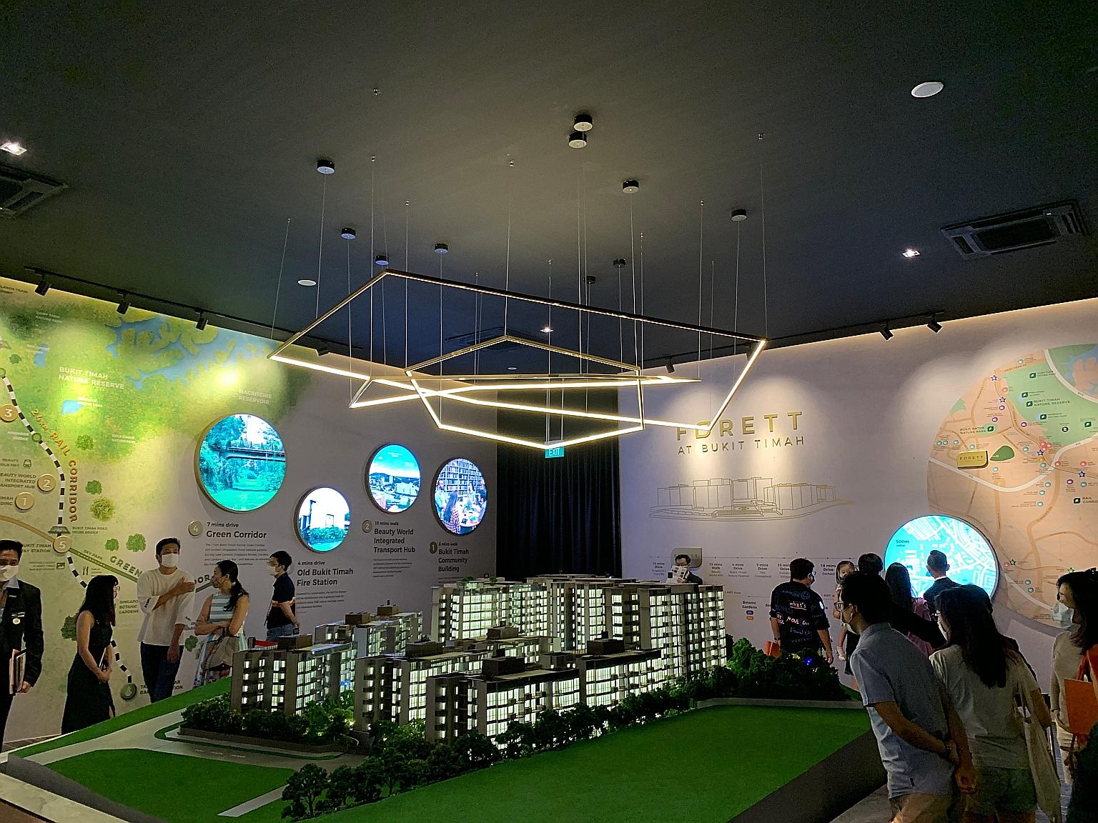 Potential home buyers visiting the sales gallery of new launch Forett At Bukit Timah in July. The freehold development in Toh Tuck Road, which offered a price point of $1,933 psf, sold 213 units, or 34 per cent of its 633 units, in the first month of