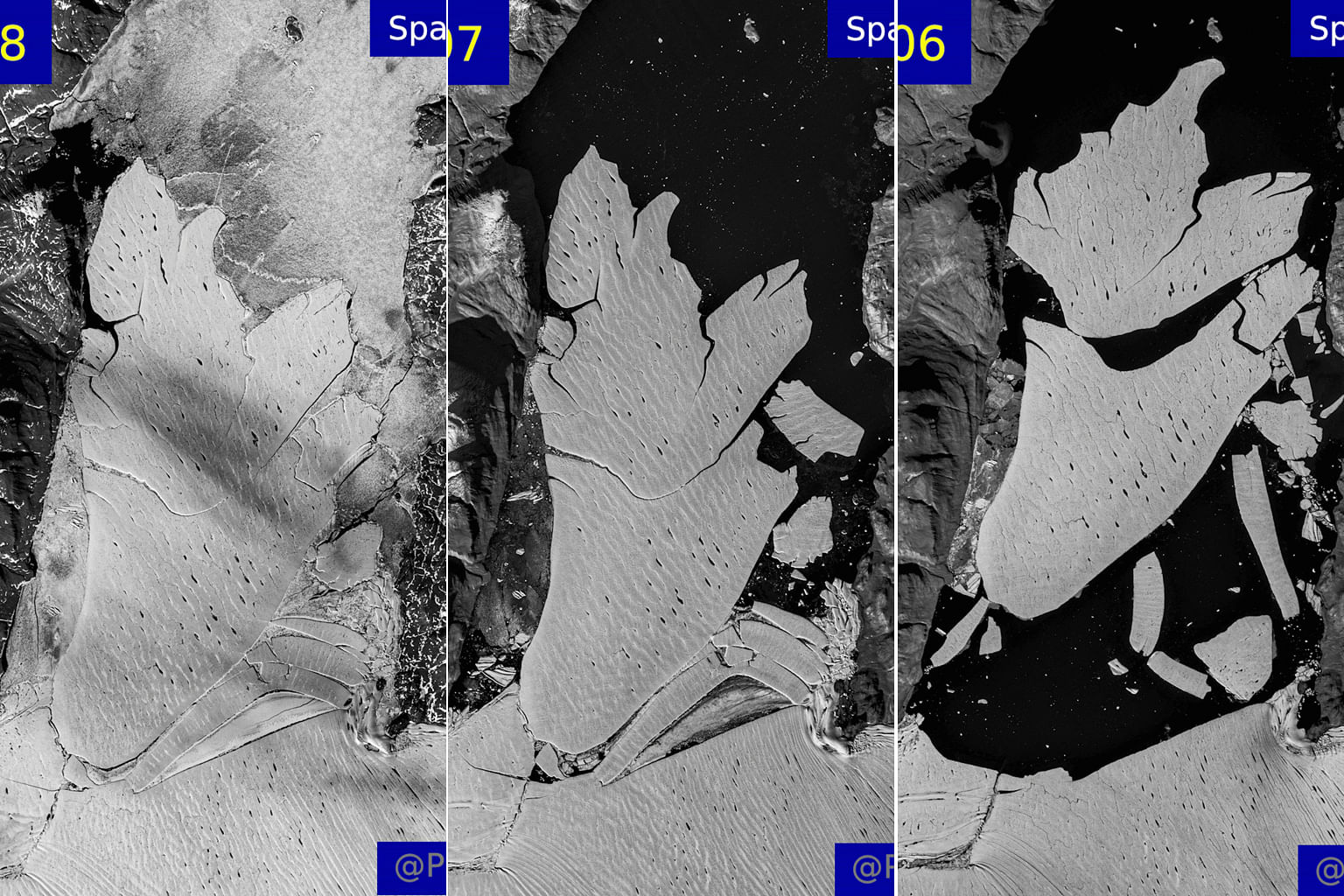 As the summer melt season reaches its peak, the largest Arctic ice shelf in Greenland has jettisoned a massive 113 sq km chunk of ice that is larger than Paris. The three satellite images here show the Spalte Glacier in August 2018 (far left), Septem