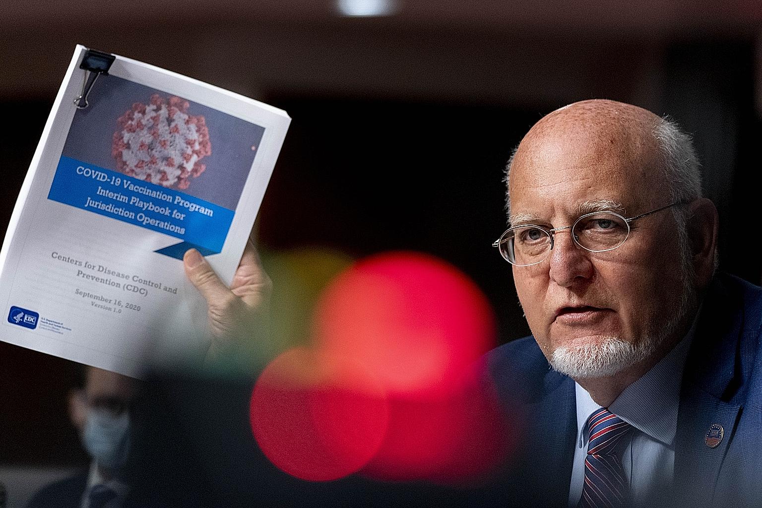 Dr Robert Redfield, director of the Centres for Disease Control and Prevention, speaking during a Senate hearing on coronavirus response efforts in Washington on Wednesday. PHOTO: BLOOMBERG