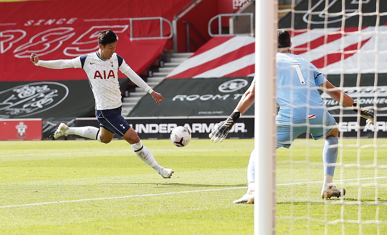 Son Heung-min scoring his fourth goal to put Spurs 4-1 up in their Premier League game at Southampton yesterday. He and manager Jose Mourinho both praised Harry Kane's contribution. PHOTO: REUTERS