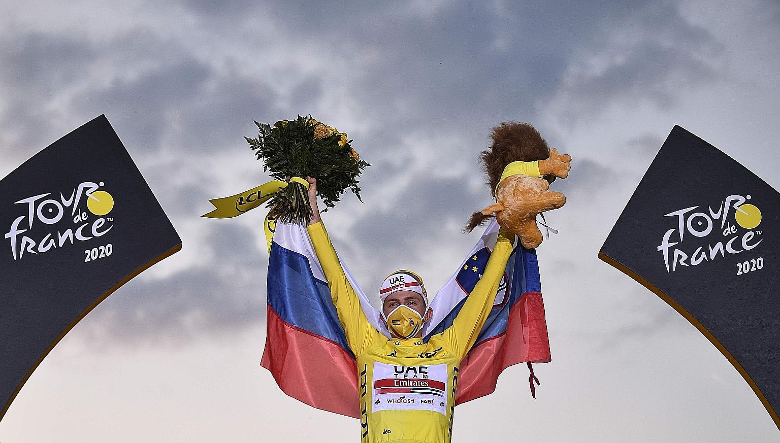 Team UAE Emirates rider Tadej Pogacar of Slovenia celebrating on the podium in Paris after winning the Tour de France on his debut on Sunday. Rivals new and old will be looking to displace him next year.