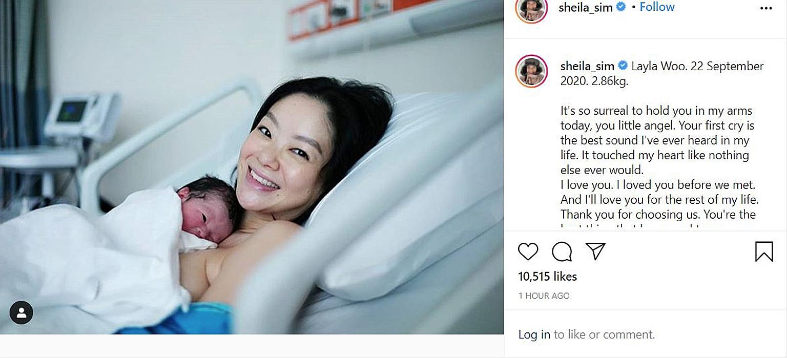 WELCOME TO MOTHERHOOD: Congratulations are in order for Sheila Sim after the home-grown model-actress gave birth to a baby girl yesterday. Sim, who married banker Deon Woo in 2018, disclosed on social media that her daughter's name is Layla Woo and s