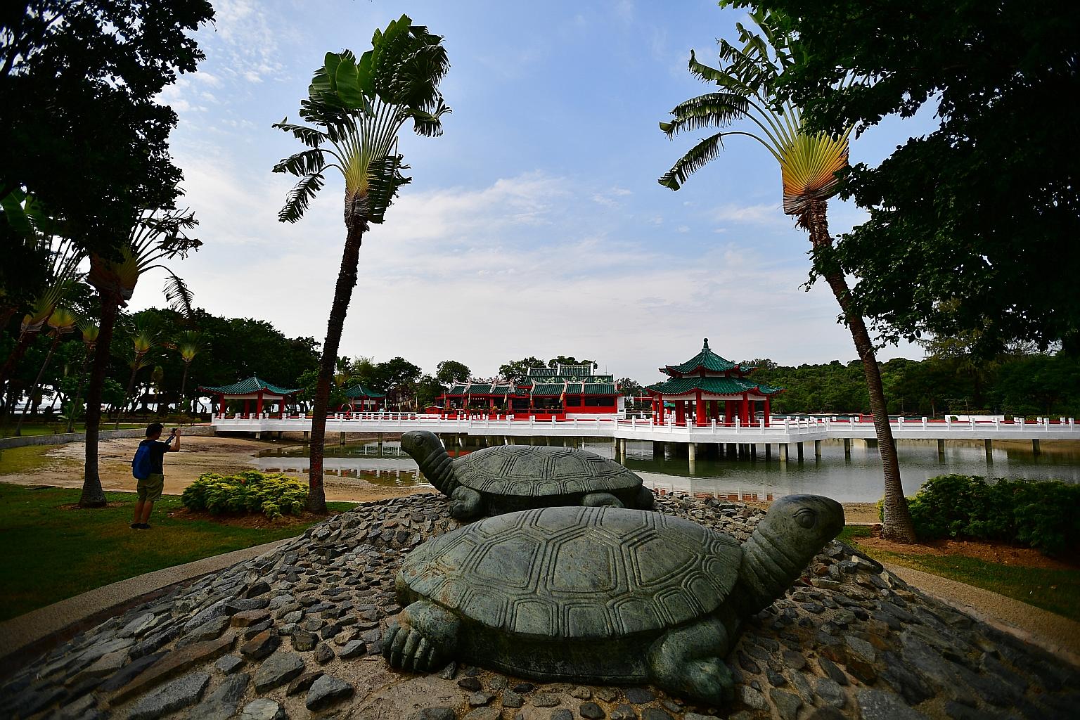 A 2017 file photo of the turtle sculptures and Da Bo Gong (Tua Pek Kong) Temple on Kusu Island, which is also home to three Malay shrines. During the upcoming pilgrimage season from Oct 17 to Nov 14, only 500 visitors a day will be allowed on the isl
