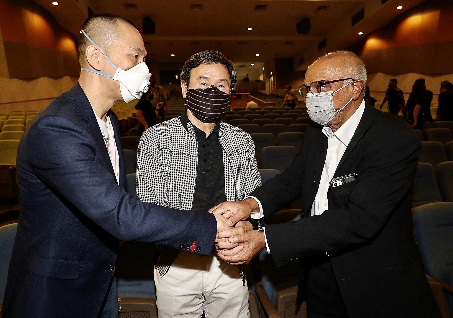 Showing unity are (from left) new SA president Lien Choong Luen, outgoing chief Tang Weng Fei and losing contender Edmond Pereira.
