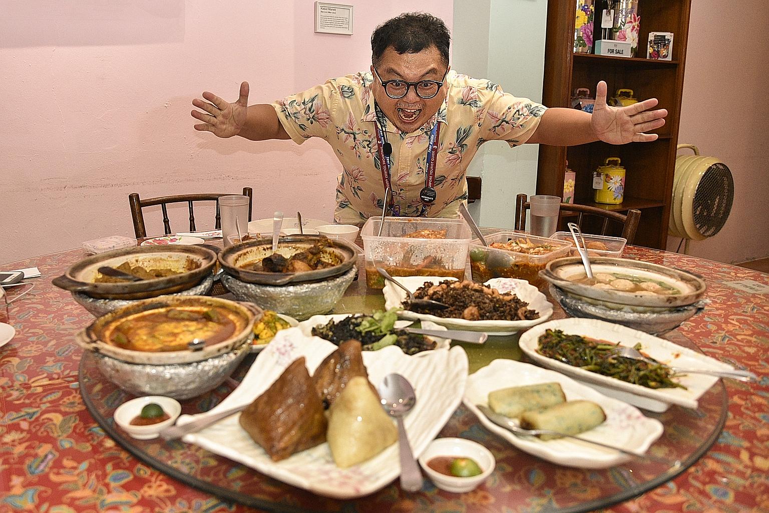 Betel Box The Real Singapore Tours guide Tony Tan with the Peranakan food at Chilli Padi Nonya Restaurant. The tour also made a stop at Kim Choo Kueh Chang, a famous Peranakan emporium of rice dumplings, kueh, tidbits, rempah mixes and sweets.