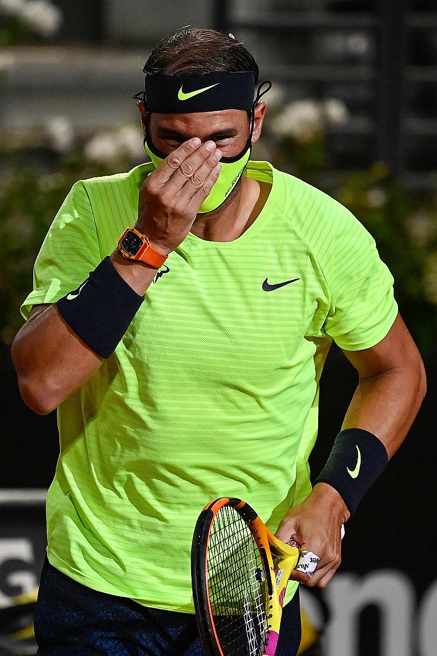 Rafael Nadal wearing a mask before his Italian Open quarter-final loss to Diego Schwartzman last week. The Spaniard has played just three matches since the coronavirus shutdown. PHOTO: AGENCE FRANCE-PRESSE