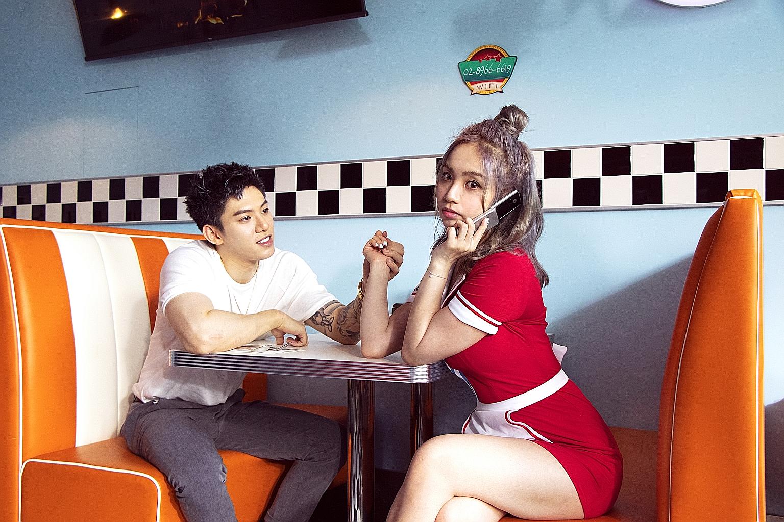 Australian singer Kimberley Chen and her boyfriend, singer Albert Lin, on the set of the music video for Chen's single, 4am Calls.