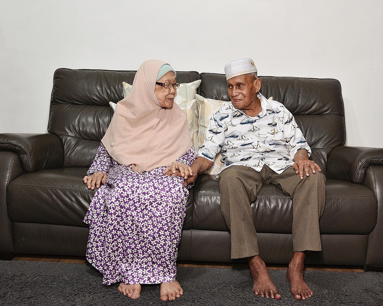 Centenarian Kassim Sultan, pictured above with his wife, Madam Tuminah Haji Siraj, 90, is among the 20,900 Singapore residents aged 90 and older as at June this year, a 94 per cent jump from the 10,800 people in this age group a decade ago. ST PHOTO: