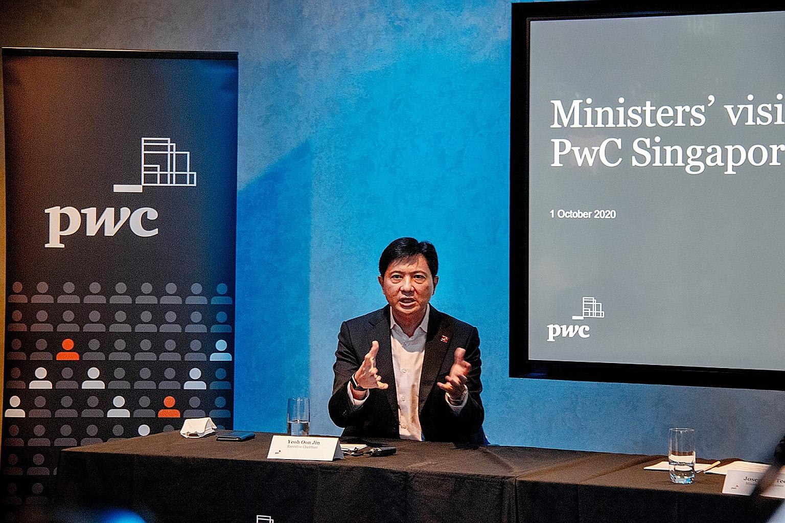 PwC Singapore executive chairman Yeoh Oon Jin speaking to the media yesterday. He said more skilled workers are needed to meet a growing demand for digital-related business transformation support services.