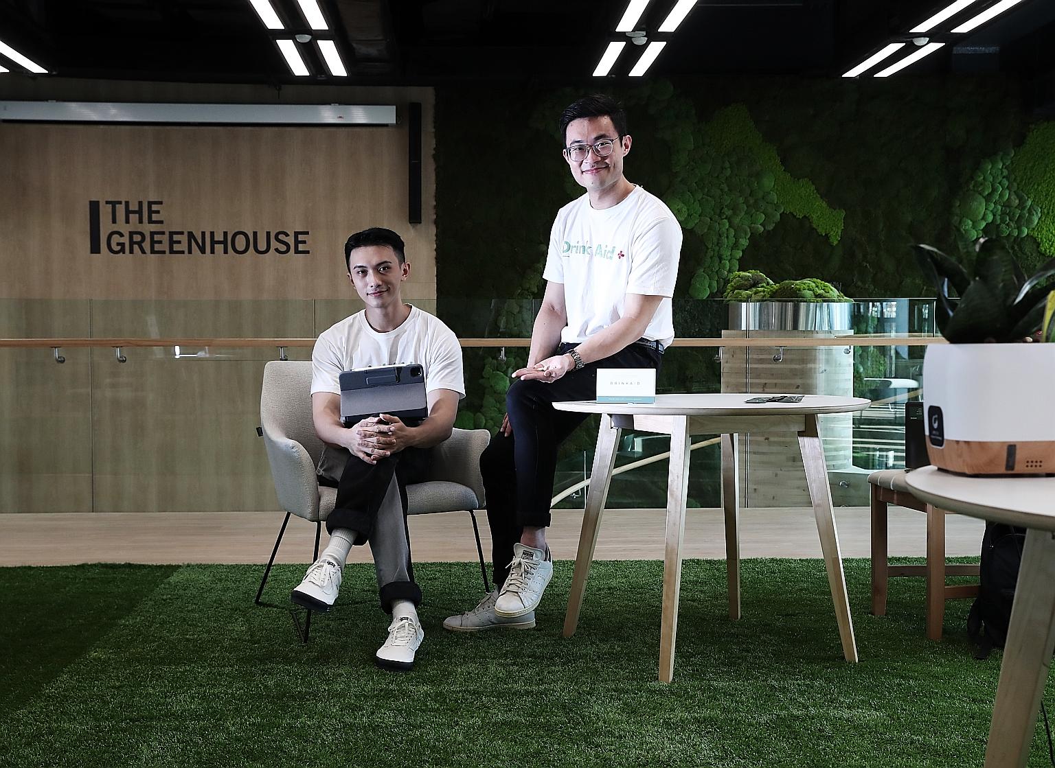 Mr Ryan Foo (far left) and Mr Solomon Poon developed a supplement, DrinkAid, which claims to combat alcohol consumption's negative side effects like intoxication, Asian flush and hangovers.