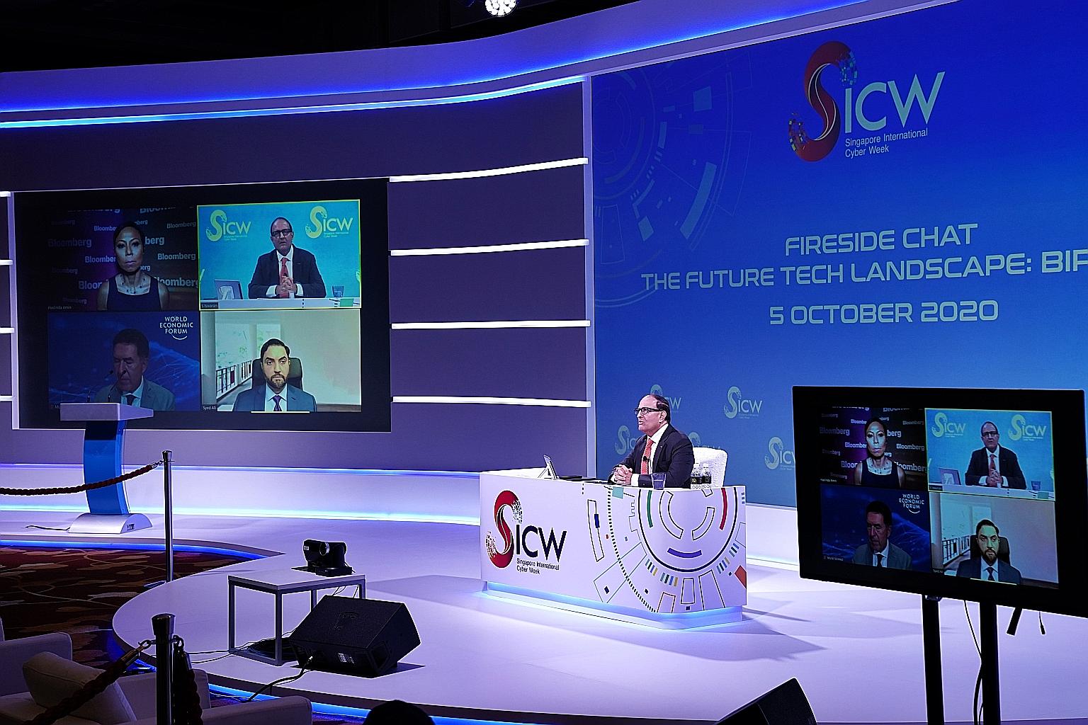 Communications and Information Minister S. Iswaran speaking yesterday at a dialogue that opened this year's Singapore International Cyber Week. SICW is being held in a mostly virtual format this year amid the pandemic. Mr Iswaran likened his vision f