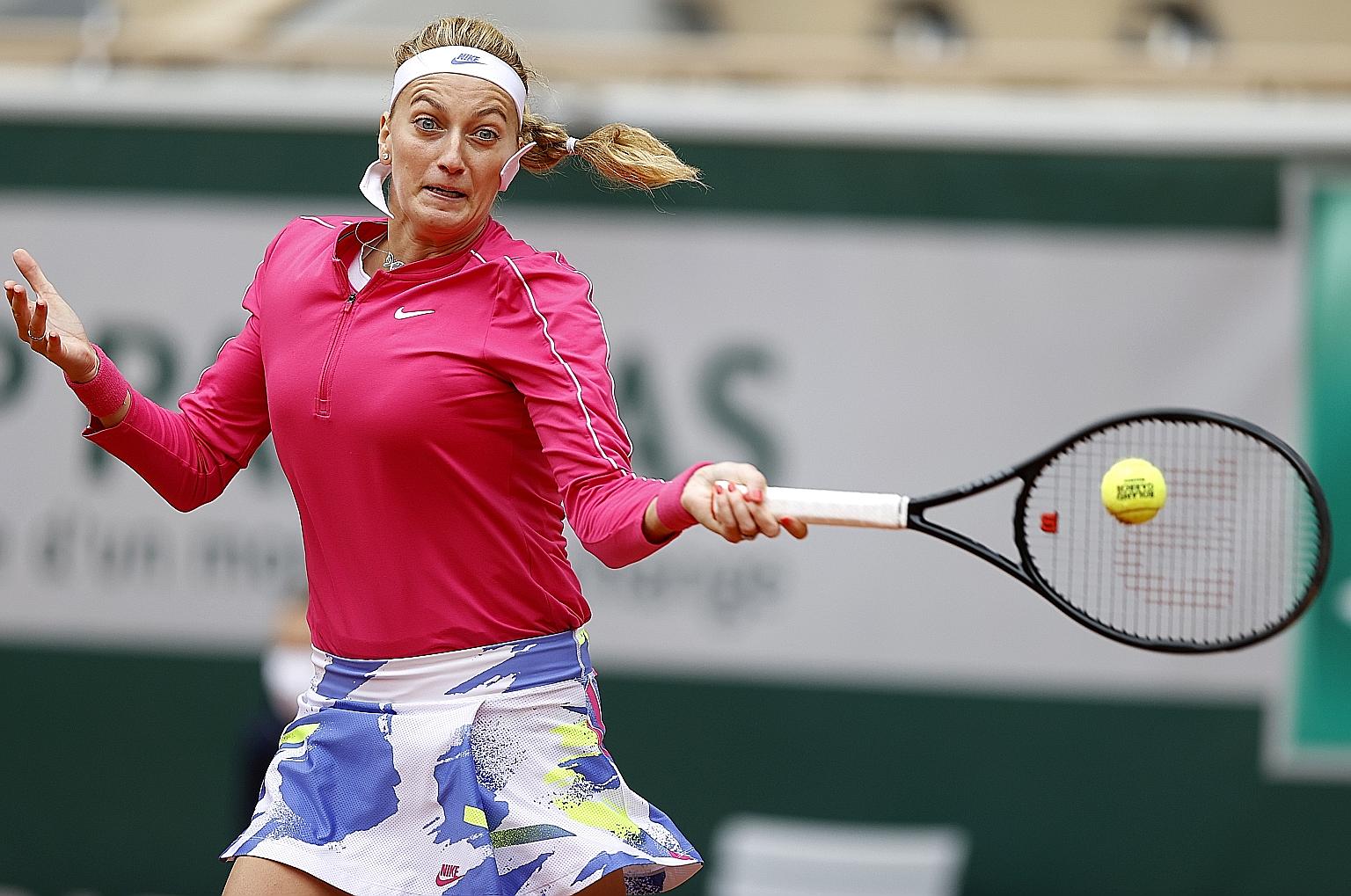 Petra Kvitova of the Czech Republic on her way to a 6-2, 6-4 victory over China's Zhang Shuai to reach the last eight of the French Open. Kvitova's best result at Roland Garros was in 2012, when she lost to eventual winner Maria Sharapova in the semi