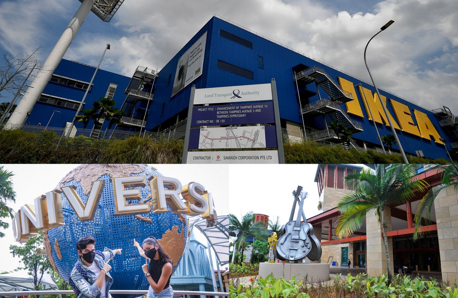 (Clockwise from top) IKEA at Tampines, Resorts World Sentosa's Hard Rock Cafe and Universal Studios were visited by infectious Covid-19 patients.