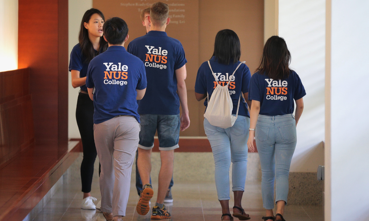 Students at the Yale-NUS College campus last year. Education Minister Lawrence Wong said yesterday in Parliament that no Singaporean is displaced from a university place because of an international student.