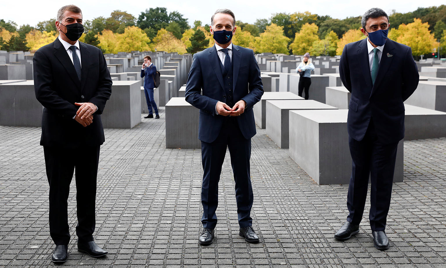 (From left) Israel's Foreign Minister Gabi Ashkenazi, German Foreign Minister Heiko Maas and UAE Foreign Minister Sheikh Abdullah bin Zayed al-Nahyan at the Holocaust Memorial in Berlin. It was the first face-to-face meeting for Mr Ashkenazi and Shei